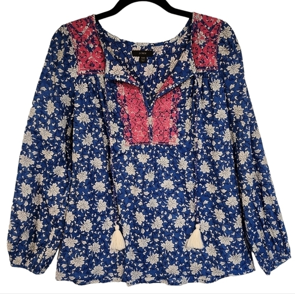 J. Crew Embroidered Cross Stitch Cotton Voile Top Floral Tassels Lightweight XXS - Picture 2 of 12